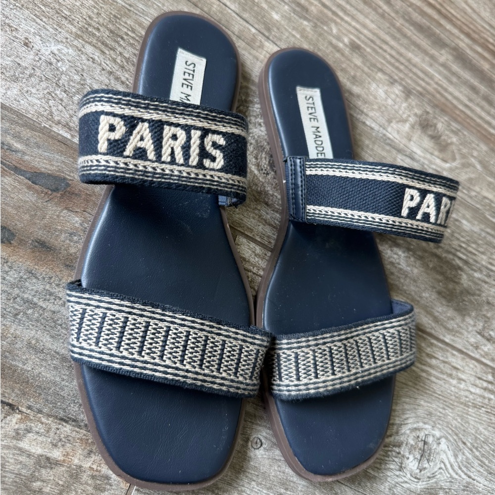 Steve Madden Navy & Cream 'Paris' Two-Strap Slide Sandals